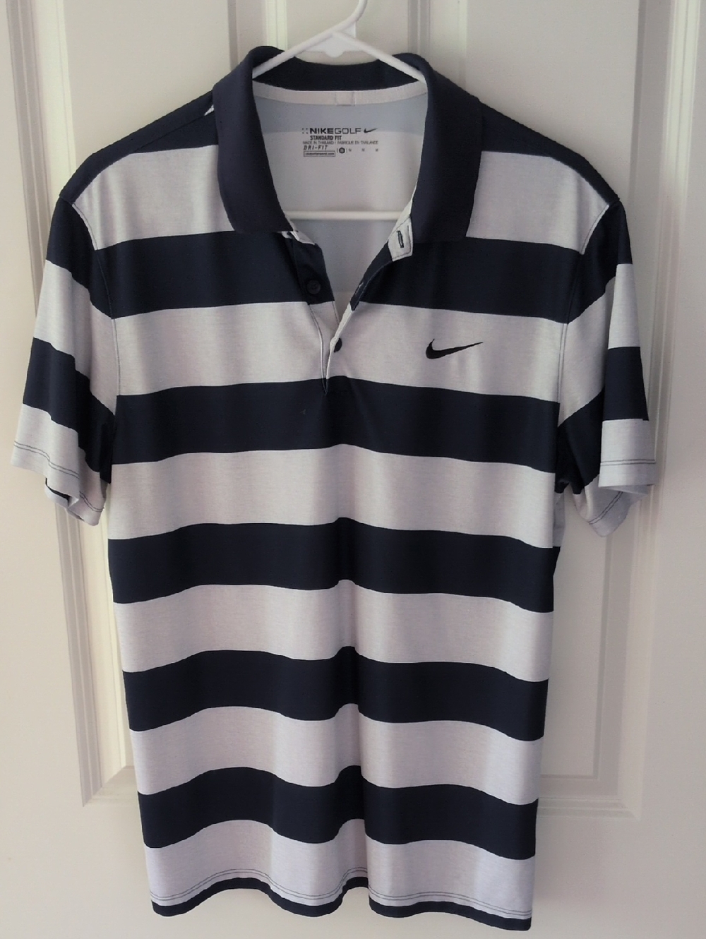 Nike Men's Navy and White Horizontal Stripe Polo